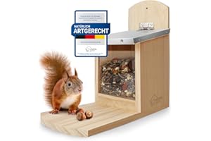WILDLIFE HOME Eichhörnchen Futterhaus mit Metalldach I Futterstation aus verschraubtem Massiv-Holz I Wetterfest & Unbehandelt I Eichhörnchenhaus für Eichhörnchenfutter