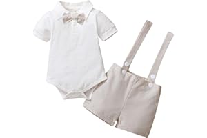 Gajaous Baby Boy Gentleman Suit, Outfit Set with Overalls, Short-Sleeved Bow Tie Shirt, Romper, Shorts and Braces, Festive, Christening, Wedding, 0–24 Months