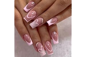 GlamRays Pack of 24 Pink Coffin Press On Nails, Deep Gradient Colour, French Manicure with Heart Decoration