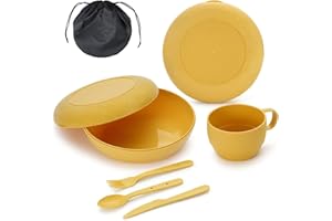 Berglander Cubiertos para Camping, tazón, Plato, Taza, Cuchara, Tenedor, Cuchillo y Bolsa de Transporte para Acampar de Campamento Equipo de Plástico para Viajes, fácil de Transportar Limpiar