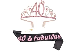 ruggito 40th Birthday Costume Set For Women,Include 40th Black Satin Sash,Birthday Crown Tiara and Round Brooch Clip Pin for 40th Birthday Party Decorations