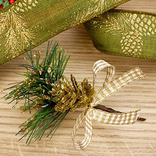Fir Tree Sprig And Gold Cone Cake Topper And Ribbon