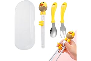 SYKEROUT Juego de 4 palillos de entrenamiento,cubiertos para niños,tenedor y cuchara+juego de palillos,palillos de entrenamiento para principiantes con asistente,palillos reutilizables, caja portátil amarilla