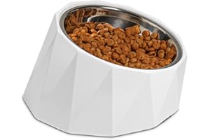 ComSaf Ciotola per Cani ad Angolo Rialzato di 15 Gradi Ciotola per Cani, Ciotola per Acqua per Cani e Gatti ad Angolo Rialzato da 470 ml, Mangiatoia Rialzata, Supporto in Melamina Rimovibile, Bianco