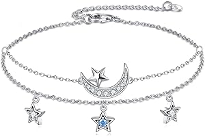 YAFEINI Moon Star Layered Anklet for Women 925 Sterling Silver Dainty Adjustable Chain Ankle Bracelets Beach Jewellery for Girls