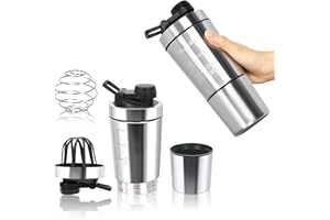 JUNUNDJING Shaker per proteine, shaker, shaker, frullato proteico, 700 + 200 ml, in acciaio inox, con scomparto in polvere e sfera per il corpo, per la nutrizione, per la proteina, in acciaio inox con