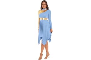 inhzoy Femme Robe de Danse Liturgique Manche Longue Métallique Brillante Robe Plissé Danse Lyrique Asymétrique Robe de Fête Cérémonie Soirée S-XXL
