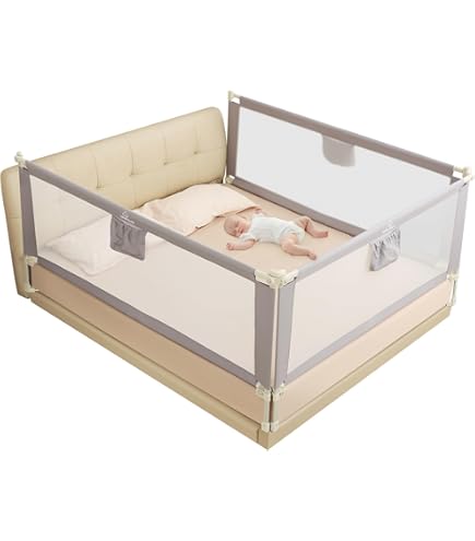 Tubiaz Bedhekje met valbeveiliging, 2 x 200 cm 1 x 180 cm, in hoogte verstelbaar, 70-98 cm, bedhekje voor kinderen, babybedhek met luchtig net, grijs