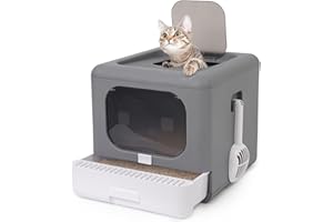 HOMCENT Foldable Enclosed Cat Litter Box, Cat Potty with Front Door & Top Entry, Pull-Out Drawer Type, Cat Toilet with Lid, Easy Cleaning and Anti-Splashing Cat Litter Tray with Plastic Scoop（Grey)