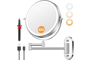 Auxmir Lighted Wall Mounted 30X Magnifying Makeup Mirror, 8" Double-sided 360° Swivel Shaving Mirror with Extendable Arm, 3200mAh Rechargeable Dimmable Mirrors with Tweezer for Bathroom and Hotel