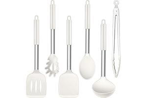 Herogo Juego de utensilios de cocina, 6 piezas de silicona, resistentes al calor, mango inoxidable, espátula antiadherente, fácil de limpiar, blanco