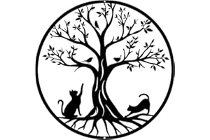 Pduoduo Black Metal Tree of Life Wall Decor Silhouette Art(with cat and bird) for Gift Present Indoor Outdoor Garden Home Decoration (11.8in)