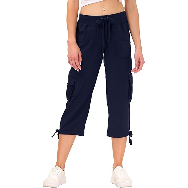 Roskiky Capri broek dames hoge taille wijde pijpen linnen palazzo broek pull on elastische taille losse flowy broek, zwart, 3XL