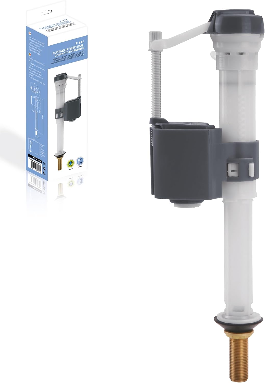 HOMSSY Flotador Cisterna WC Vertical F-117 – Válvula Llenado Universal 3/8" Latón, Altura Ajustable, Boya Regulable, Sistema Extensible Compacto, Instalación Fácil para Tanque Bajo
