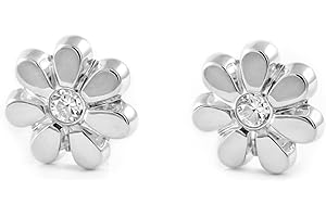 MONDE PETIT Boucles d'Oreilles Bébé Fille Enfant marguerite fleur Zircone Or Blanc 18 Carats - Coffret cadeau - Certificat de garantie - Mondepetit