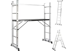 Todeco Échafaudage Aluminium avec Plateforme de Travail Mobile, Des Roues, Main Courante, Échelle Multifonction EN131, Charge Maximale 150 kg, 171 x 160 x 45 cm