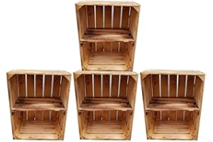 ‎TERAMICO Teramico Massive Holzkisten Schuhregal Bücherregal GEFLAMMT Zwischenbrett Apfelkisten Obstkisten Weinkisten Kisten-Regal flambiert Vintage Deko (4er Set Quer)