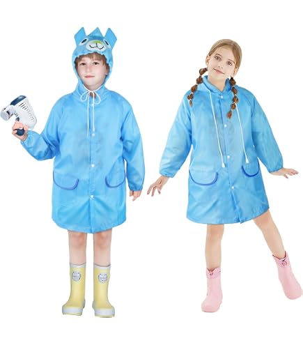 Poncho Antipioggia per Bambini, 2 Pezzi Tuta Antipioggia EVA Riutilizzabile, Mantella Pioggia Bambino con Cappuccio e Bottone, Attività All'aperto, Escursionismo, Campeggio, Viaggi (Trasparente