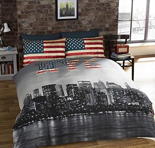 New York City Skyline Grey Black Double Bed Size Reversable Red Cream Flag Duvet Cover Quilt Set
