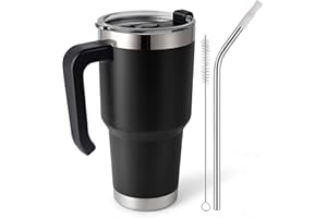 EQARD Mug Isotherme Cafe avec Paille Poignée Tasse de Voyage avec Couvercle étanche Gobelet en Acier Inoxydable avec Brosses Thermos Cafés pour Chaud ou Glacé Tous Sans BPA