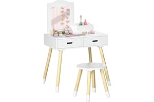 ZONEKIZ Tocador para Niñas Tocador de Madera Infantil con Taburete y Espejo Centro de Belleza con 2 Cajones Juguete Educativo para Niñas de 3-6 Años 60x40x95 cm Blanco