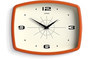 JONES CLOCKS® Movie Horloge Murale | Horloge rétro rectangulaire | 25 cm | Orange | Style Design Cool des années 50 pour la Cuisine, Le Salon ou Le Bureau