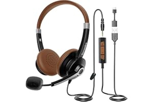 CONAMBO USB Headset with Microphone for PC Laptop, Computer Headset with Microphone, Noise Cancelling, Stereo Sound, Audio Control, 3.5mm/USB A/USB C, 231cm 139.4g, for Business Skype UC Call Center Office