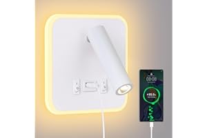 ERWEY Lampa do czytania, montaż na ścianie, lampa ścienna LED z przełącznikiem i przyłączem USB do ładowania, 3 W, 4000 K + 5 W, 3000 K, lampa do łóżka, lampa do czytania, wychylna, do sypialni, biała