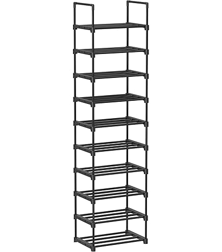 OYREL Schuhregal 10-stöckig – Schmales Metallregal Mit 2 Boxen & Haken (ca. 200 Cm Hoch, Schwarz)