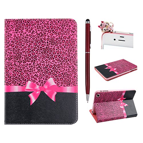 iPad mini 2 Lederhülle - Felfy Slim Full Body Fashion Leopard Bowknot Muster PU Case Cover Etui Schutz Hülle Tasche für Apple ipad mini 3 mini 2 mini 1 + 1x Pink Katze Anti Stöpsel + 1x Red Stylus