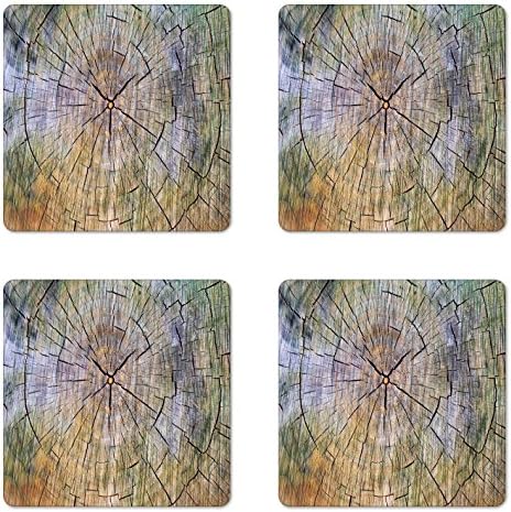 Rustic Coaster Set of Four, Annual Rings of Wood Growth Aging Theme Dirty Inner Tree Body Branch Whorls Width Design, Square Hardboard Gloss Coasters for Drinks, Brown