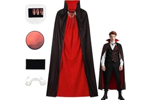 Superum Halloween Vampir Kostüm,90/120cm/150cm Royal Vampirkostüm mit Kunstblut & Vampirzähne & Makeup Schwamm,Schwarz Rot Doppelseitig Dracula Kostüm Vampir Umhang Kinder Erwachsene Karneval Cosplay