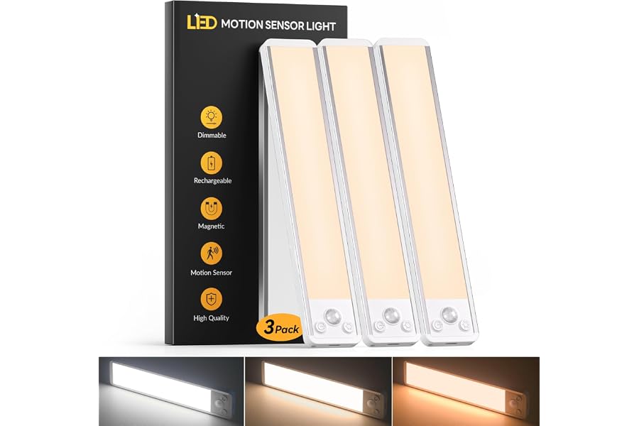 Schrankbeleuchtung Led Bewegungssensor 20CM, 3 Farben für Küche(3 Stück) | 2700-6000K, Dimmbare, Wiederaufladbare, Inkl. 2 USB-C Kabel, Magnetische, Bohrfrei, Aluminium, Küche/Kleiderschrank/Regal