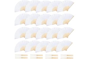 QIGEN LTD 20 Pcs Hand Held Folding Fan - White Chinese Wooden Fabric Paper Folding Handheld Fan for Women, Bamboo and Wooden Hand Held Folding Fan for Wedding Party Dancing Home Decoration