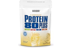 ‎WEIDER Weider - Protein 80 Plus - 4-Komponenten Protein Pulver - Hoher Proteingehalt mit 80% Eiweiß - Cremige Shakes mit Calcium & Vitamin B6 - 500g - Vanille