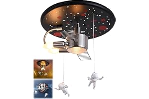 LANTING Plafonnier Garçon Chambre Bebe Lustre Enfants Décoration Astronaute Lampe de Chambre Ado Lampe Plafond pour Fille Noir Galaxie Technologie Vaisseau Spatial Mini Design 2xE14+E27 Ø40cm