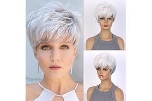 AUBWIG Parrucche a pelo corto Pixie Cut Fluffy Layer Parrucca dritta con frangia Parrucca corta grigia mista bianca resistente al calore Parrucche complete per donne (grigio misto con bianco)