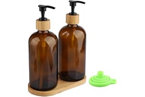 HISDRICUS 2 Dispensadores de Jabón Cocina 500 ml para Rellenar, Juego de Dispensadores con Bomba, Embudo, Etiquetas y Bandeja, Apto para Baño y Cocina (Color Marrón)