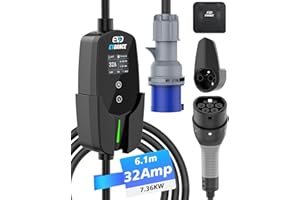 EVDANCE EV Charger Type 2 to CEE Plug [7.36KW, 1 Phase, 6.1M/20ft, 10A-32A] 12 Hours Delay Timer, IP66 Waterproof, Electric Car Charger Cable with Commando Plug and LED Display, Black