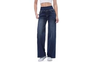 Chasehot Baggy Jeans Damen,Pull On Wide Leg Jeans Mit Gummibund High Waist Stretch,Weites Bein Jeans Damen Mit 4 Taschen