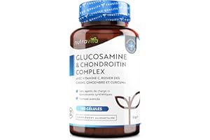 Glucosamine et Chondroitine Complex avec Vitamine C, Extrait de Rose Musquée et de Gingembre et Curcuma - Glucosamine Chondroïtine Gélules par Nutravita