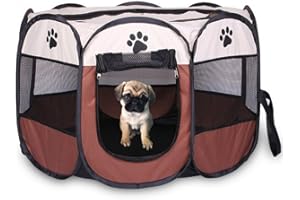 Floving Portable Pet Playpen Dog crates Puppy pen for Indoor Outdoor Cat enclosures Foldable Dog Playpen Kennel Tent for cats Animal playpen Carrying Case (L-36" Diax23", Brown)