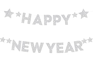FOGCOSY Happy New Year Banner, New Years Eve Decorations Glitter Silver Banner, Pentagram Letter Ceiling Hanging Garlands, New Year's Eve Ornament for Indoor Outdoor Home Office Party Supplies
