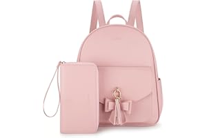 ECOSUSI Womens PU Leather Backpack, Elegant Ladies Rucksack Girls Casual Backpack for School Travel College, Water-resistant Fashion Daypack with Purse, 2 Pcs, Pink