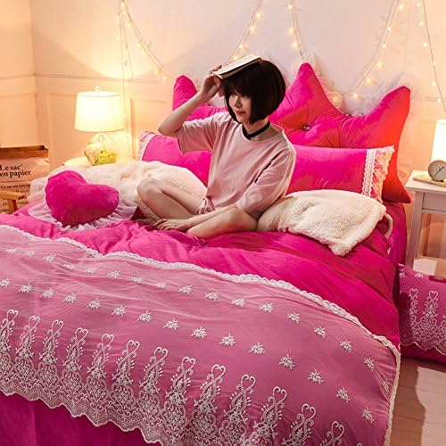 Thickening double-sided duvet cover Coral velvet four-piece set Lace quilt cover Princess wind bedding-E 150x200cm(59x79inch)