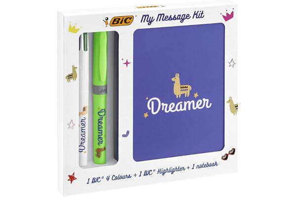 Bic My Message Dreamer Kit - Kit de Papeterie avec 1 Stylo à Bille 4 Couleurs, 1 Surligneur Grip Green, 1 Carnet de notes A6 Blanc