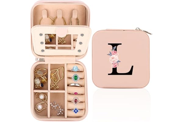 FIDWALL Boite a Bijoux de Voyage, Boîte à Bijoux Personnalisée A-Z, Boîte à Bijoux Portable, Petite Boîte de Rangement de Bijoux de Voyage Avec Miroir,Bijoux Enfants Fille,Boite a Bijoux Fille (L)