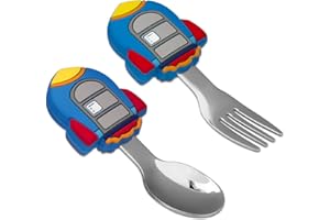 Qshare Zestaw sztućców dla dzieci, łyżka, widelec, łyżeczka do karmienia i widelec, 2 sztuki, silikon i stal nierdzewna, nie zawiera BPA, łatwa przyczepność, odporna na wysokie temperatury, dla dzieci w wieku powyżej 12 miesięcy