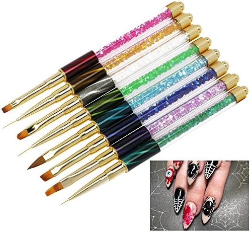 8pcs/Set Kolinsky Nail Brush Pens, FACPOET UV Gel Gradient Acrylic Nail Art Brushes Sculpting Detailing Painting Drawing Liner Ombre Brush Kit with Cat Eye Rhinestones Diamond Handle