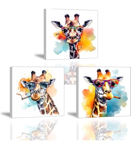 LZIMU Lustiges Giraffen Bild Auf Leinwand Bunte Giraffe Mit Brille Leinwandbild Niedliche Tierbilder Fuer Kinderzimmer Wanddekoration Gerahmt (3, 30.00x30.00cms) 4407686227